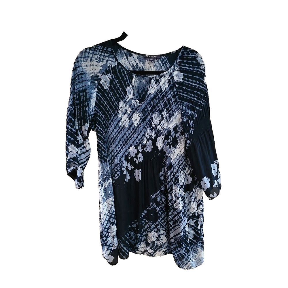 Roaman's Blue Floralβ Print Keyhole 3/4 Sleeve Tunic Top Womans Plus Size 12W